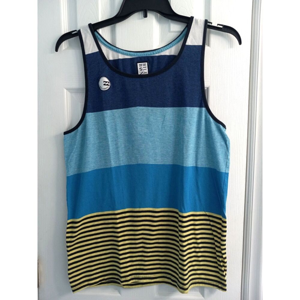 Mens Billabong Komplete Tank Top SIZE MEDIUM Blue, Aqua, & Yellow Striped